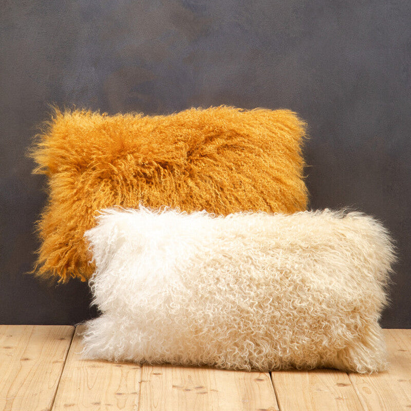 Orsina Bosie Mongolian Fur Rectangular Lumbar Cushion – Ochre Yellow
