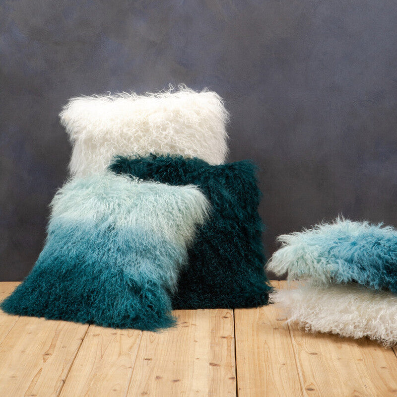 Orsina Mongolian Fur Lumbar Cushion – Blue Ombre Rectangular Pillow