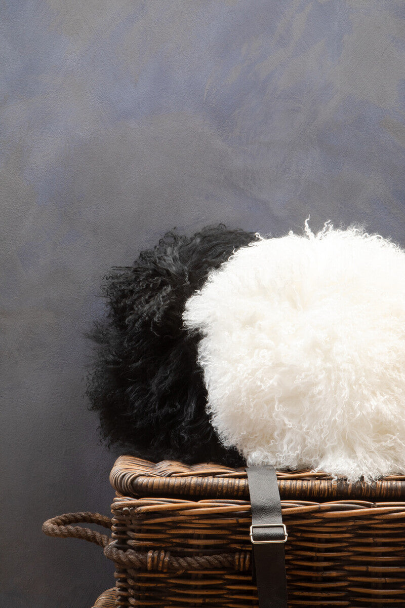 Orsina Bosie Real Mongolian Lamb Fur Round Cushion - Black Luxury Decor
