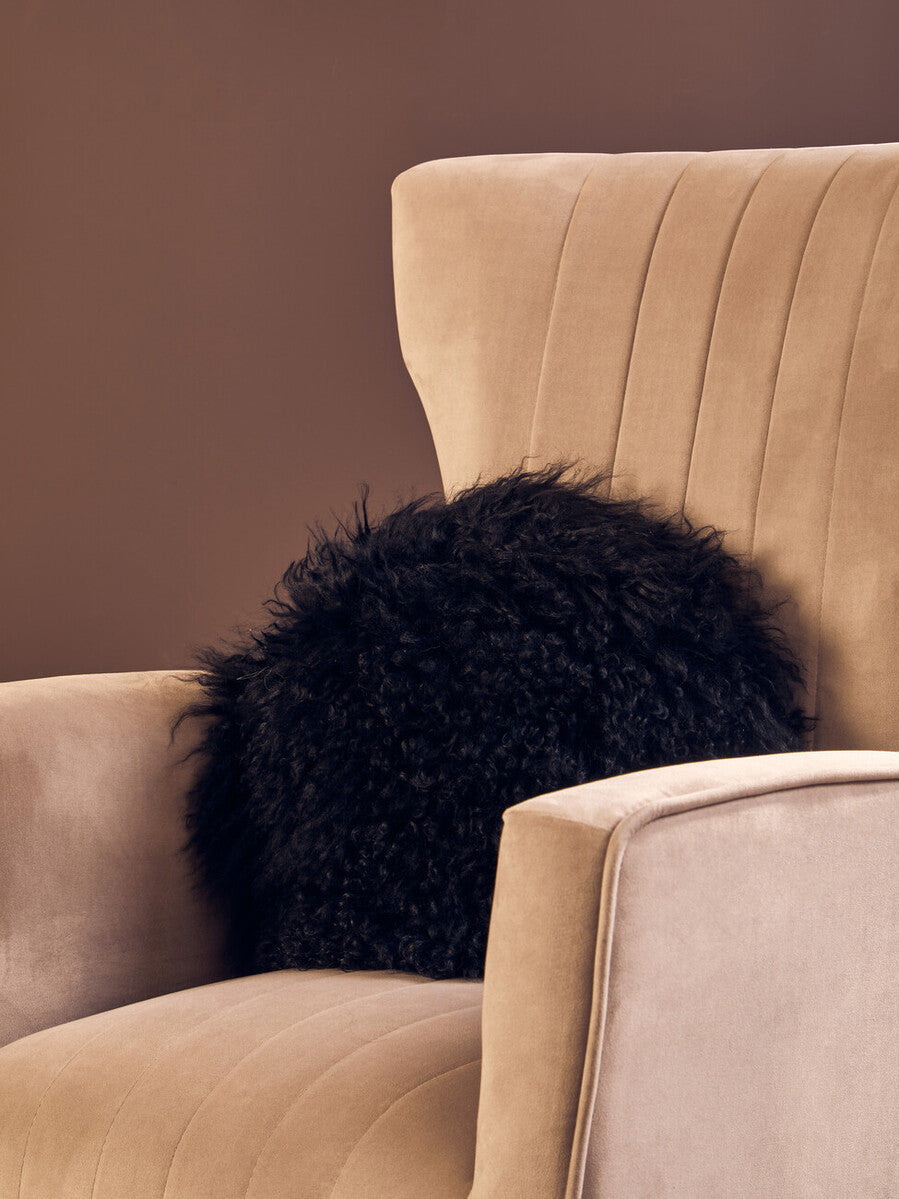 Orsina Bosie Real Mongolian Lamb Fur Round Cushion - Black Luxury Decor