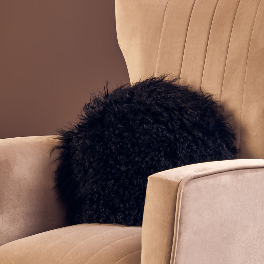 Orsina Bosie Real Mongolian Lamb Fur Round Cushion - Black Luxury Decor