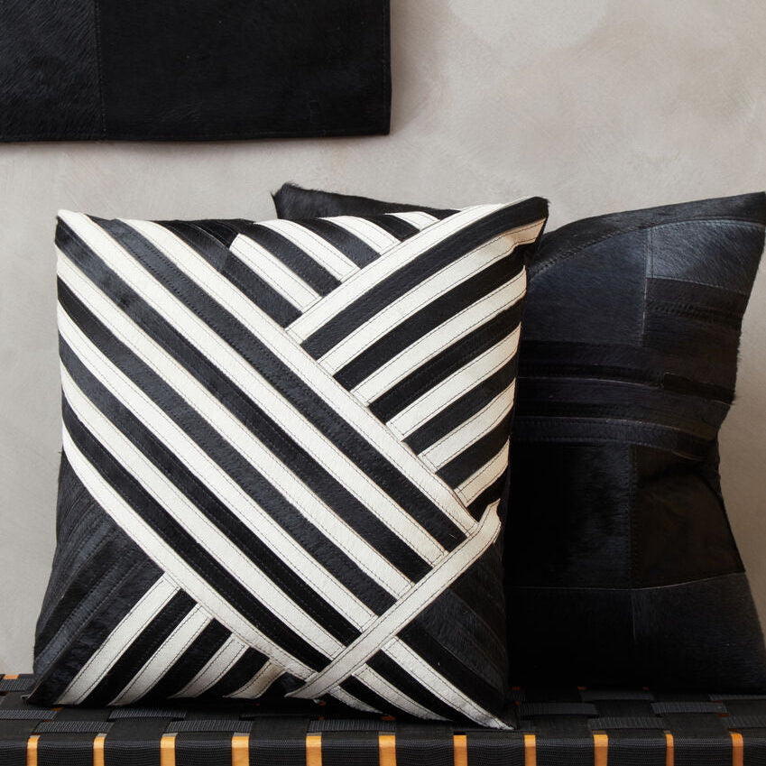 Orsina Bosie Safira Black and White Hair on Leather Striped Cushion