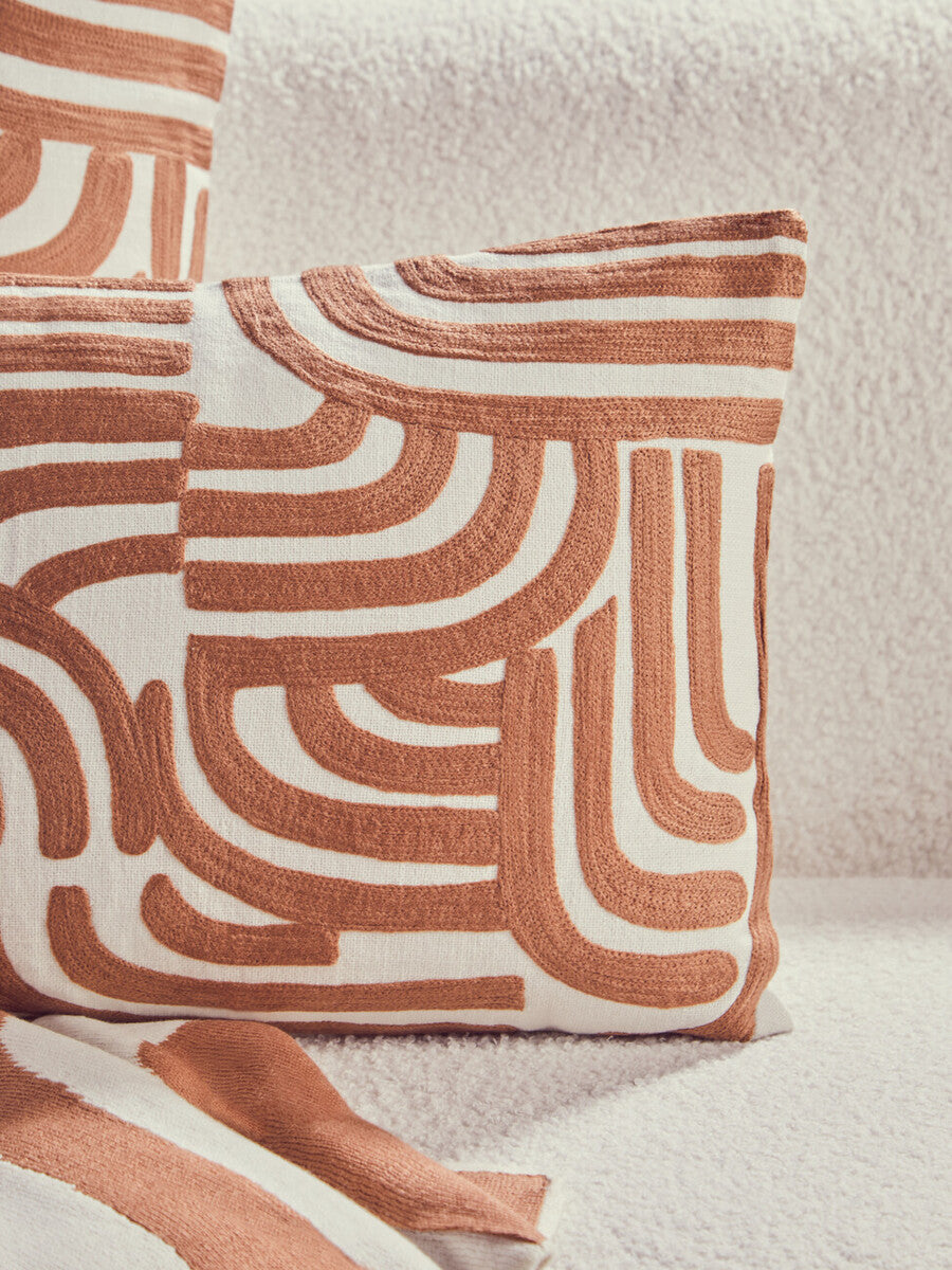 Orsina Embroidered Cotton Cushion – Natural and Terracotta Square Pillow