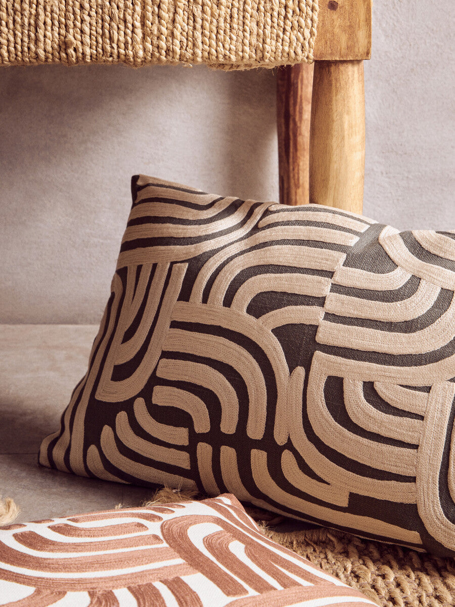 Orsina Embroidered Cotton Cushion – Natural and Terracotta Square Pillow