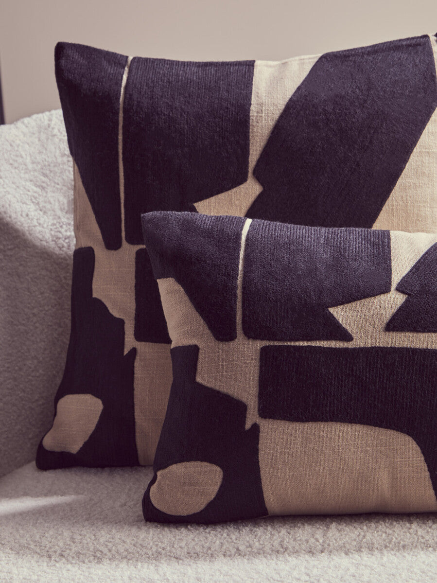 Orsina Bosie Ozella Square Cushion – Black and Natural Embroidered Cotton