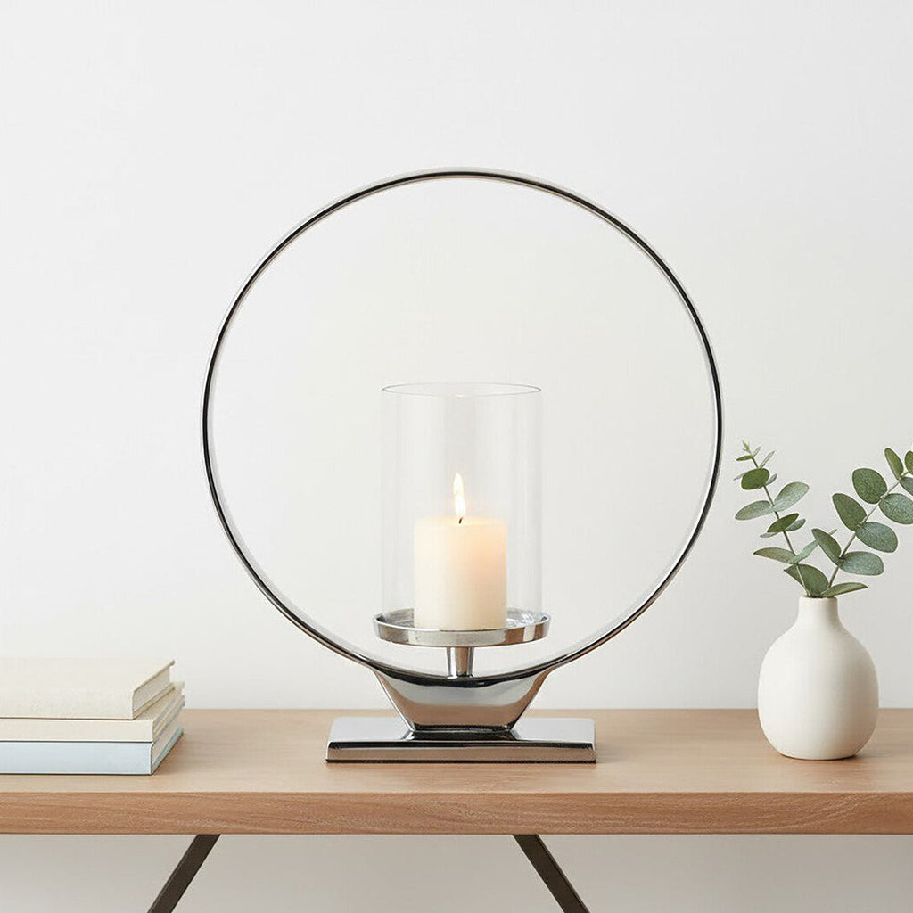 Orsina Cirqua Silver Candle Holder – Medium Polished Aluminium Pillar