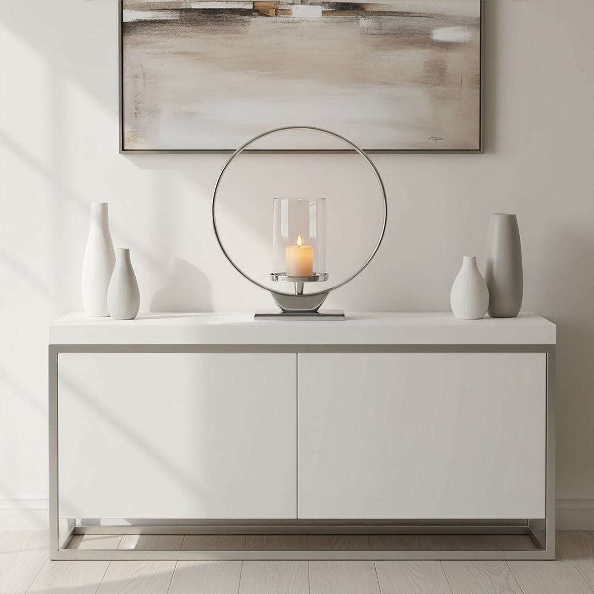 Orsina Cirqua Silver Candle Holder – Medium Polished Aluminium Pillar