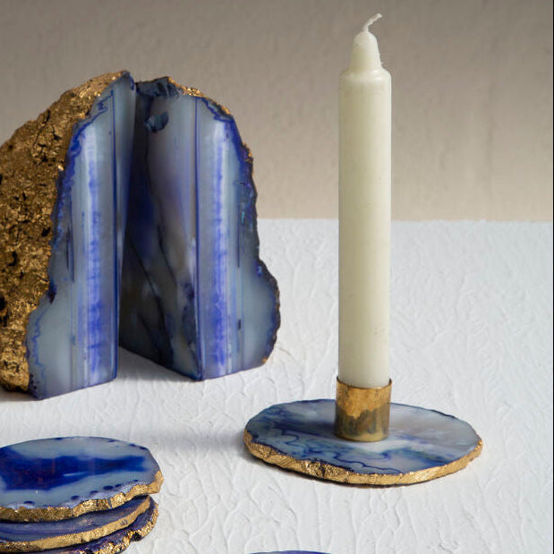 Orsina Agata Blue and Gold Agate Stone Candle Holder – Luxury Decor