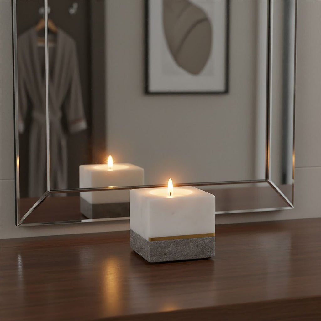 Orsina Kira Marble Tealight Holder – White and Grey Stone with Gold