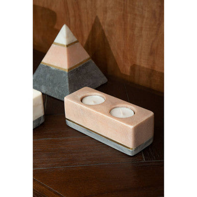 Kira Tealight Holder by Orsina – Pink and Grey Marble with Gold Inlay
