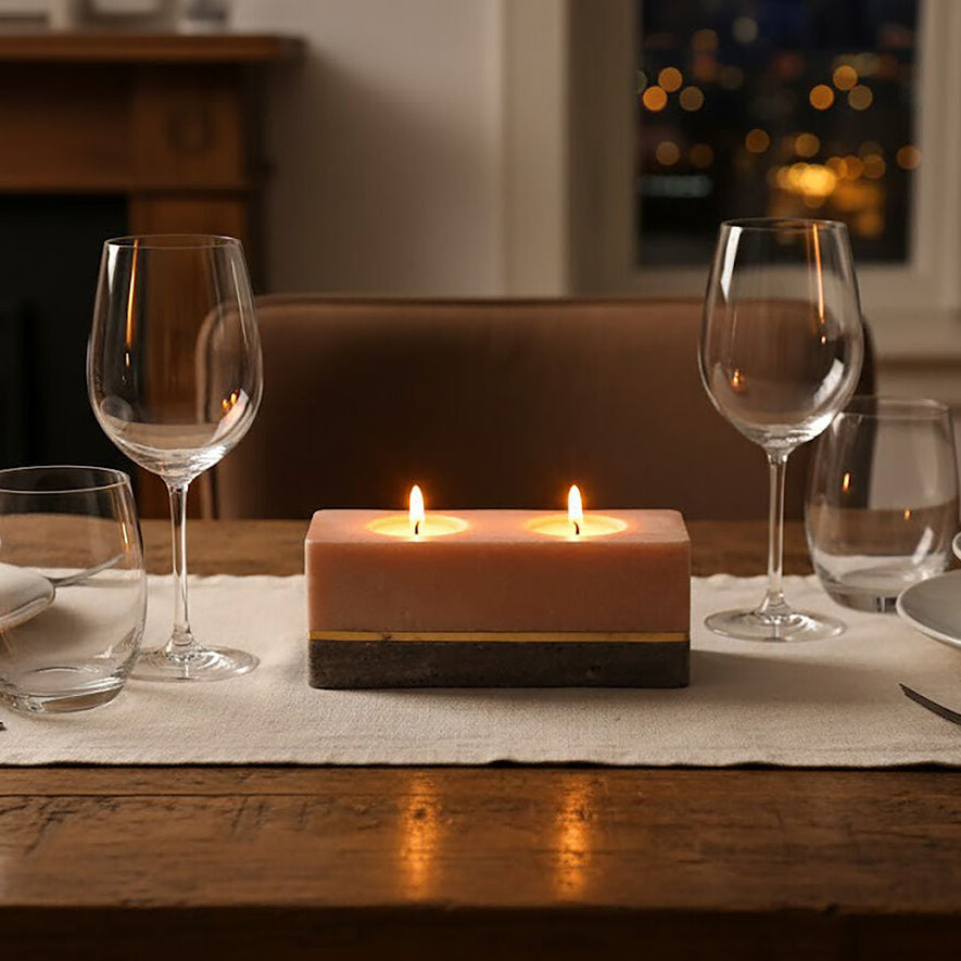Kira Tealight Holder by Orsina – Pink and Grey Marble with Gold Inlay
