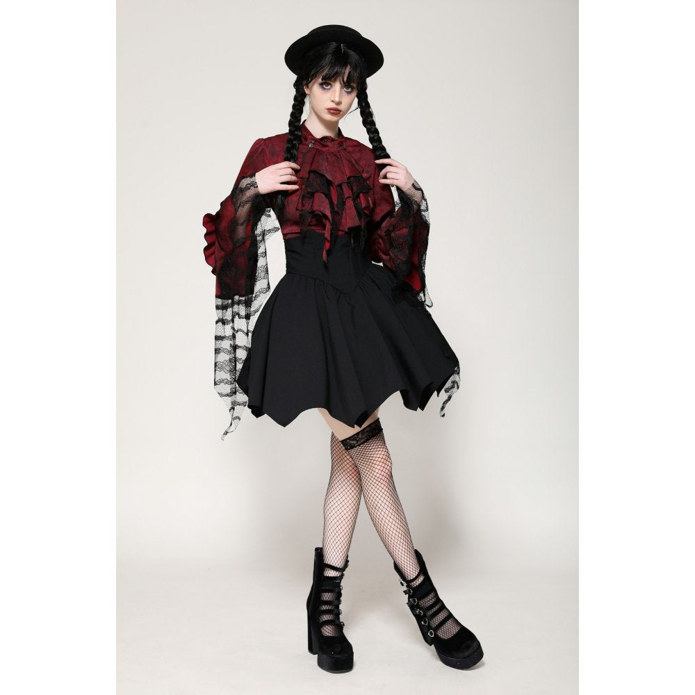 Dark in Love Vampiretta Red Distressed Frilly Blouse with Lace