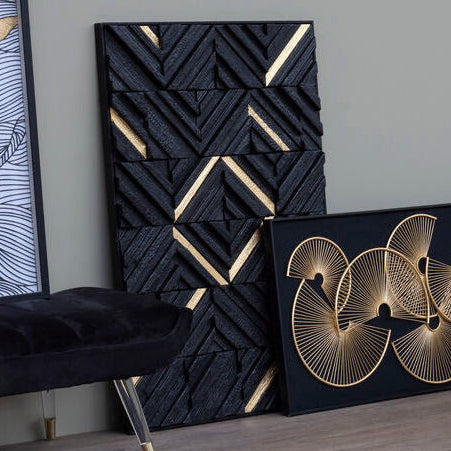 Orsina Modello Black Wood Carving Wall Art – Geometric Gold Accents