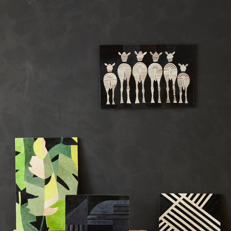 Orsina Leather Patchwork Zebra Wall Art – Monochrome Cowhide Decor