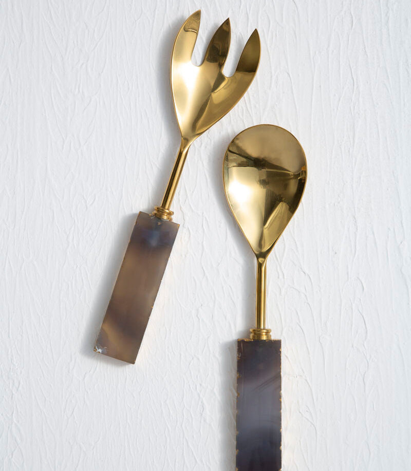 Orsina Bowerbird Agata Grey and Gold Serving Set | Agate Cutlery