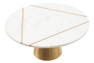 Orsina Omari White Marble Cake Stand – Geometric Gold Inlay Pedestal