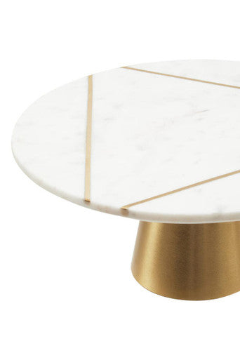 Orsina Omari White Marble Cake Stand – Geometric Gold Inlay Pedestal