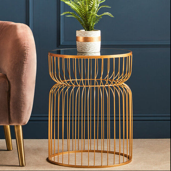 Orsina Avantis Gold Metal Wireframe Round Side Table with Mirrored Top