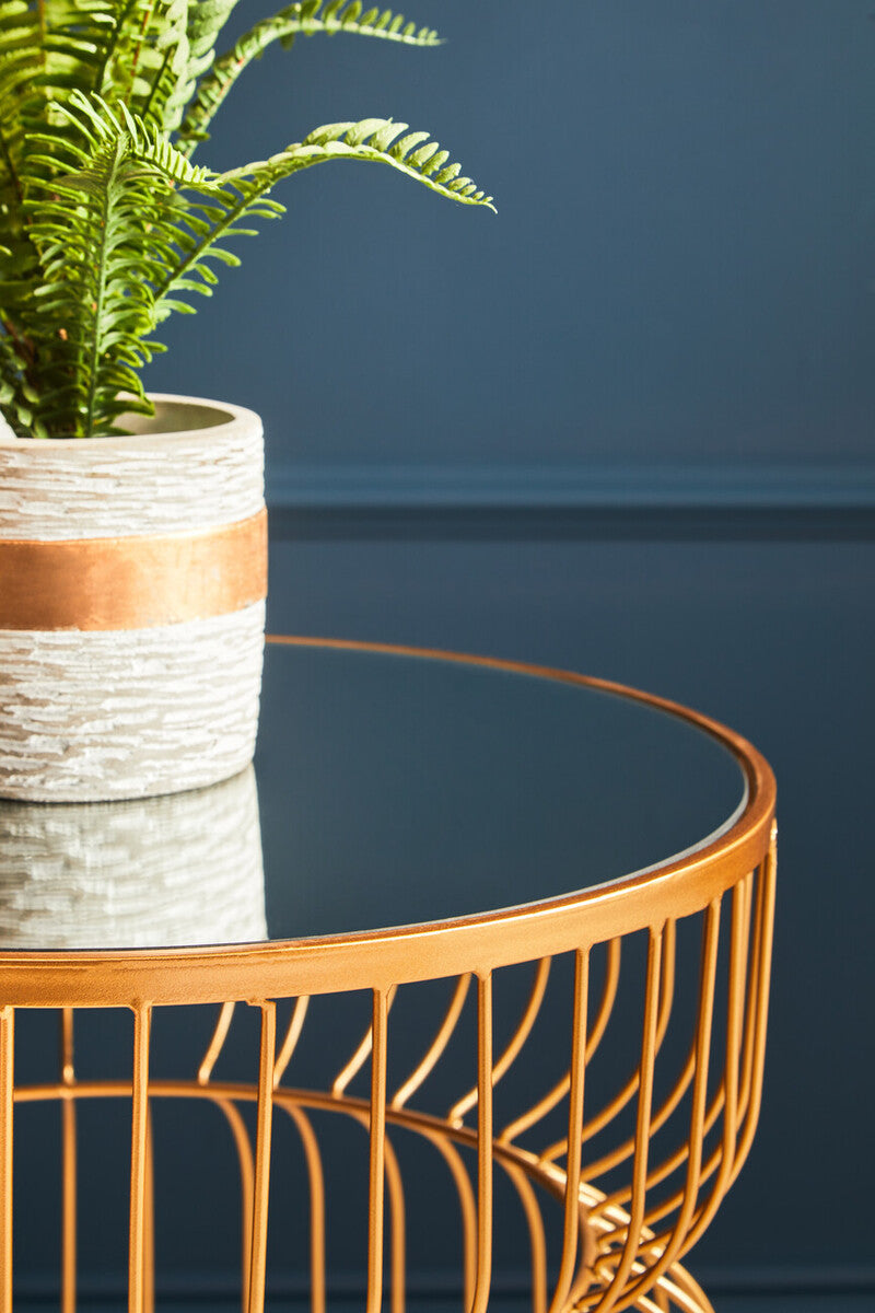 Orsina Avantis Gold Metal Wireframe Round Side Table with Mirrored Top