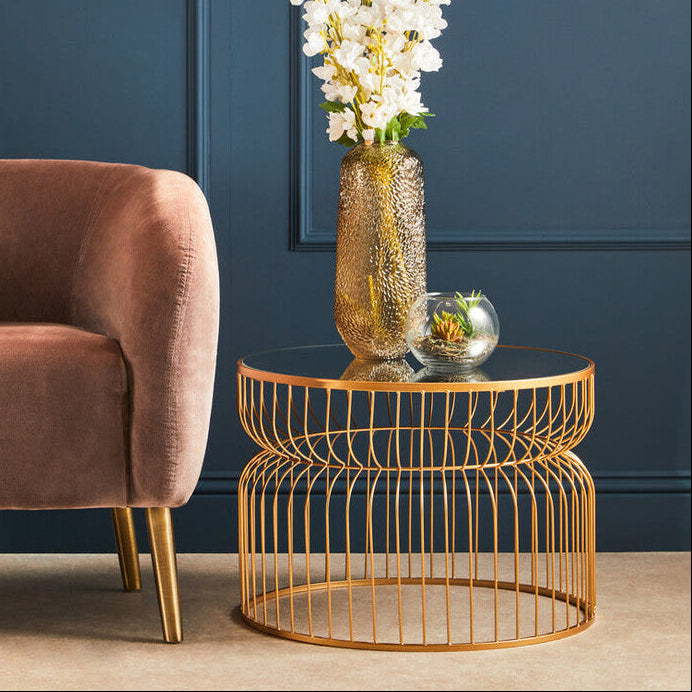 Orsina Round Side Table – Gold Wireframe Base with Mirrored Top