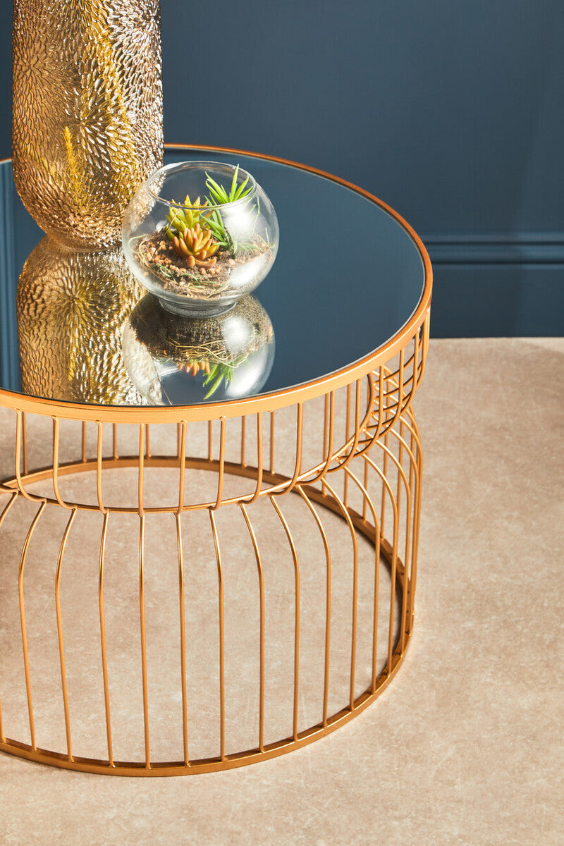 Orsina Round Side Table – Gold Wireframe Base with Mirrored Top