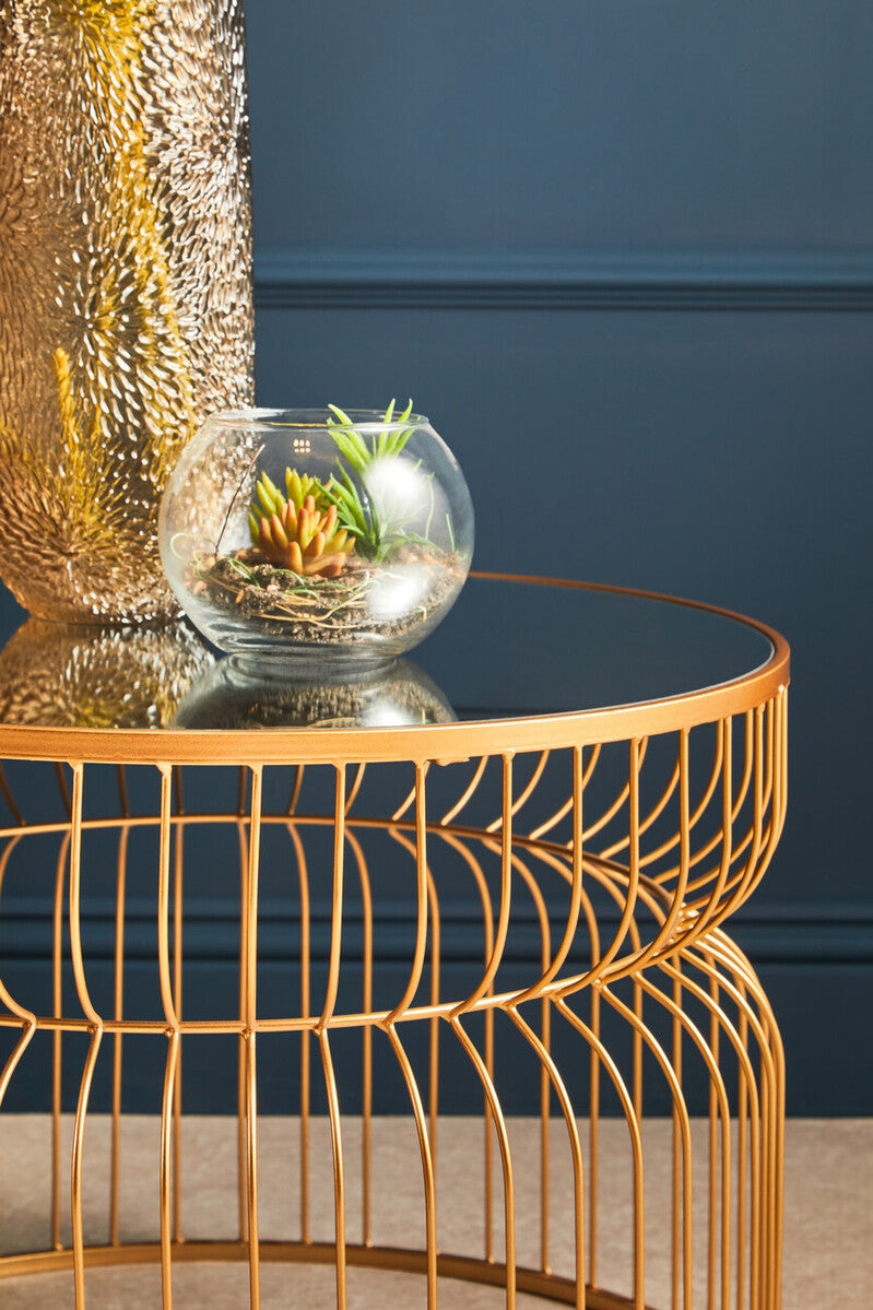 Orsina Round Side Table – Gold Wireframe Base with Mirrored Top