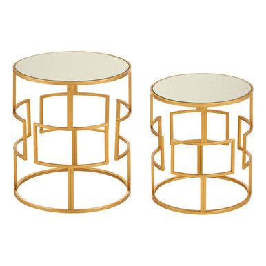 Orsina Avantis Set of 2 Gold Metal Round Side Tables with Mirrored Glass