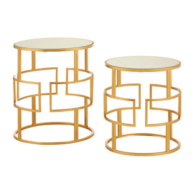Orsina Avantis Set of 2 Gold Metal Round Side Tables with Mirrored Glass