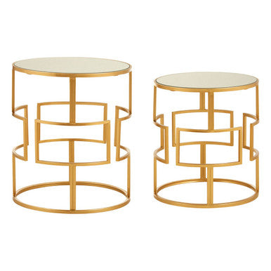 Orsina Avantis Set of 2 Gold Metal Round Side Tables with Mirrored Glass