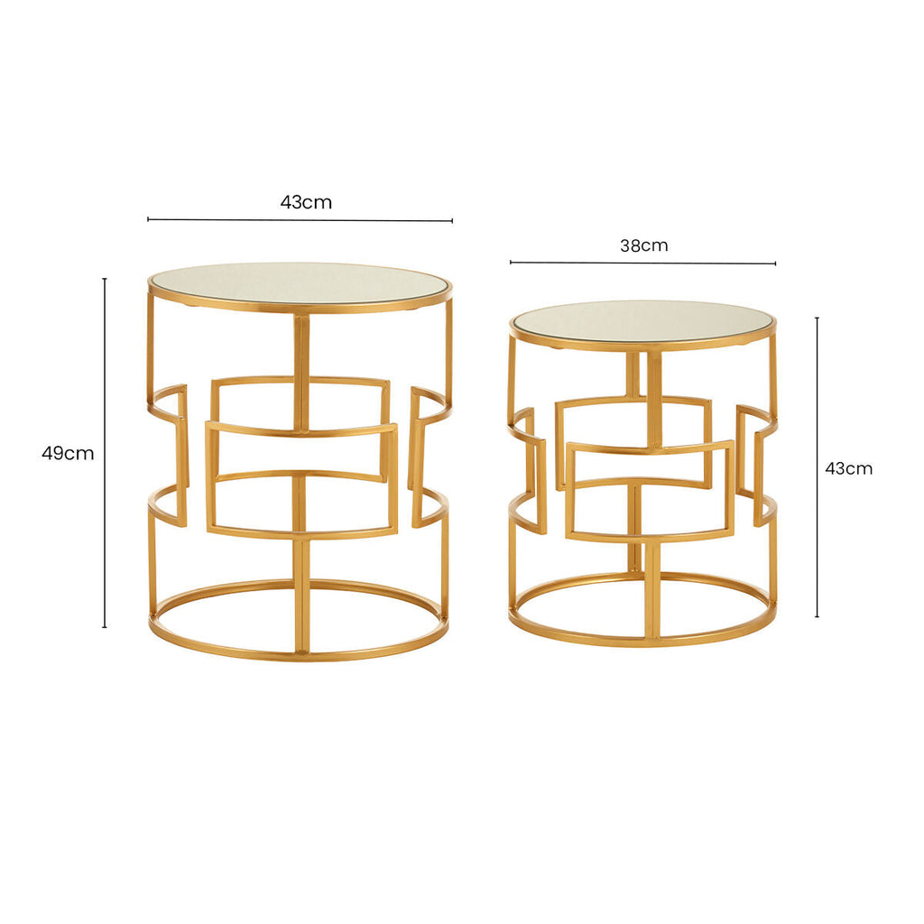 Orsina Avantis Set of 2 Gold Metal Round Side Tables with Mirrored Glass
