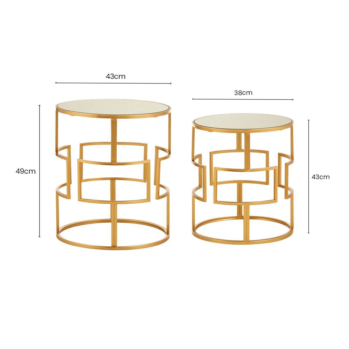 Orsina Avantis Set of 2 Gold Metal Round Side Tables with Mirrored Glass