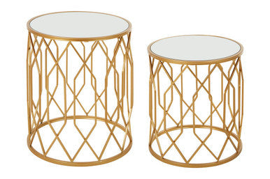 Orsina Avantis Gold Round Mirrored Side Tables – Set of 2 Iron Frames