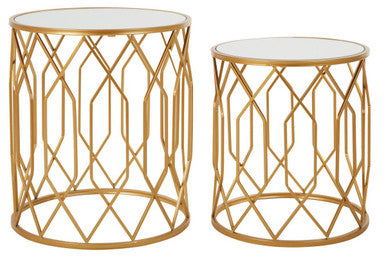 Orsina Avantis Gold Round Mirrored Side Tables – Set of 2 Iron Frames