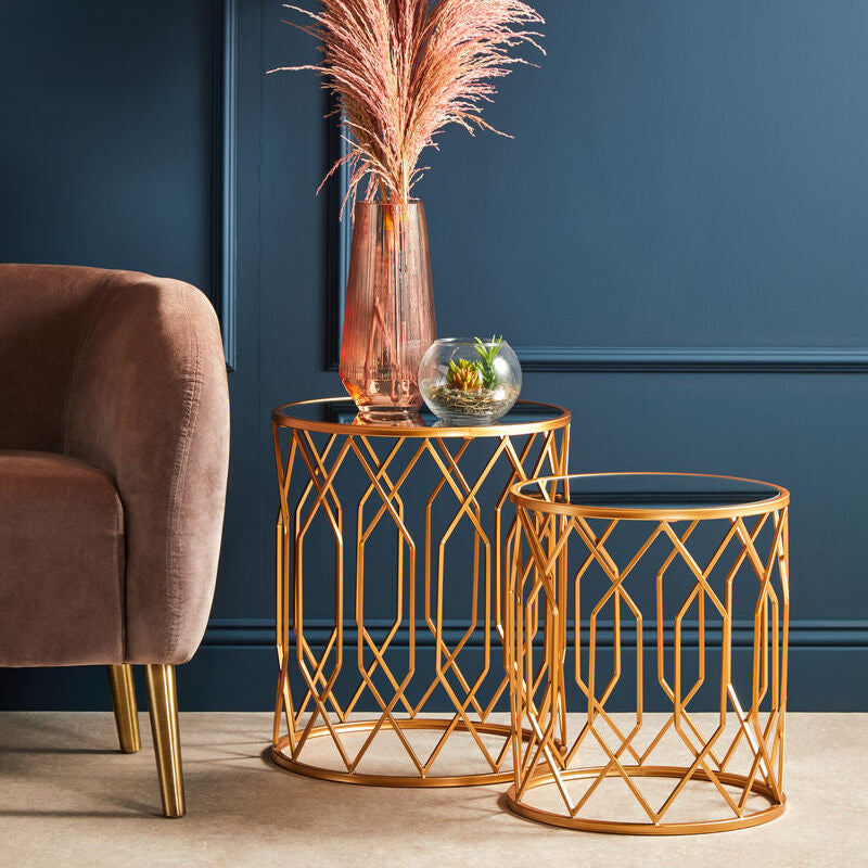 Orsina Avantis Gold Round Mirrored Side Tables – Set of 2 Iron Frames