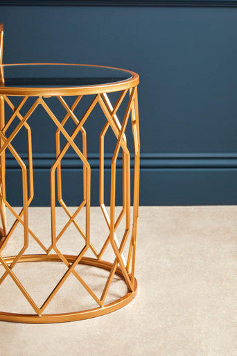 Orsina Avantis Gold Round Mirrored Side Tables – Set of 2 Iron Frames