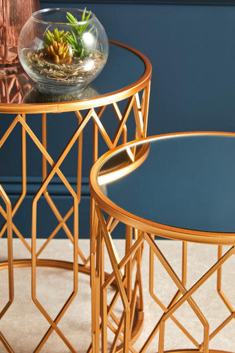 Orsina Avantis Gold Round Mirrored Side Tables – Set of 2 Iron Frames