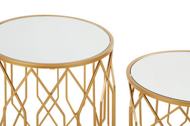 Orsina Avantis Gold Round Mirrored Side Tables – Set of 2 Iron Frames