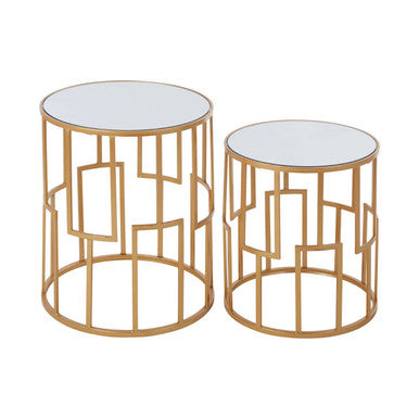 Orsina Avantis Set of 2 Gold Round Side Tables with Mirrored Tops