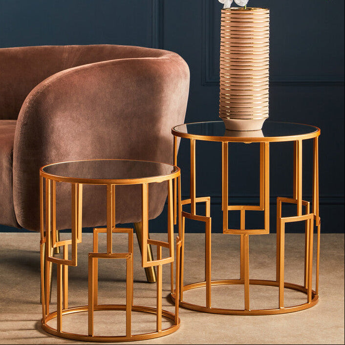 Orsina Avantis Set of 2 Gold Round Side Tables with Mirrored Tops