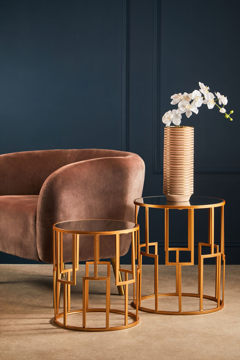 Orsina Avantis Set of 2 Gold Round Side Tables with Mirrored Tops