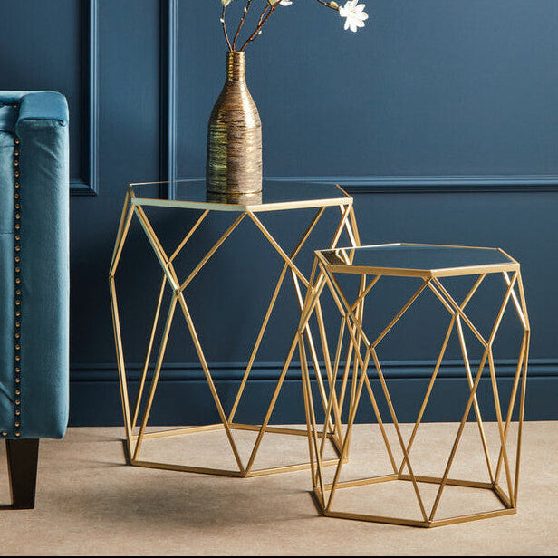 Orsina Avantis Set of 2 Hexagonal Mirrored Nesting Side Tables - Gold