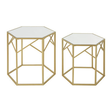 Orsina Avantis Gold Hexagonal Side Tables with Mirrored Glass - Set of 2