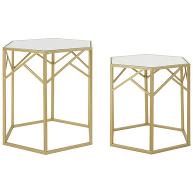 Orsina Avantis Gold Hexagonal Side Tables with Mirrored Glass - Set of 2