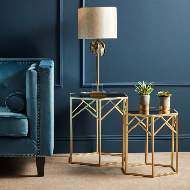 Orsina Avantis Gold Hexagonal Side Tables with Mirrored Glass - Set of 2