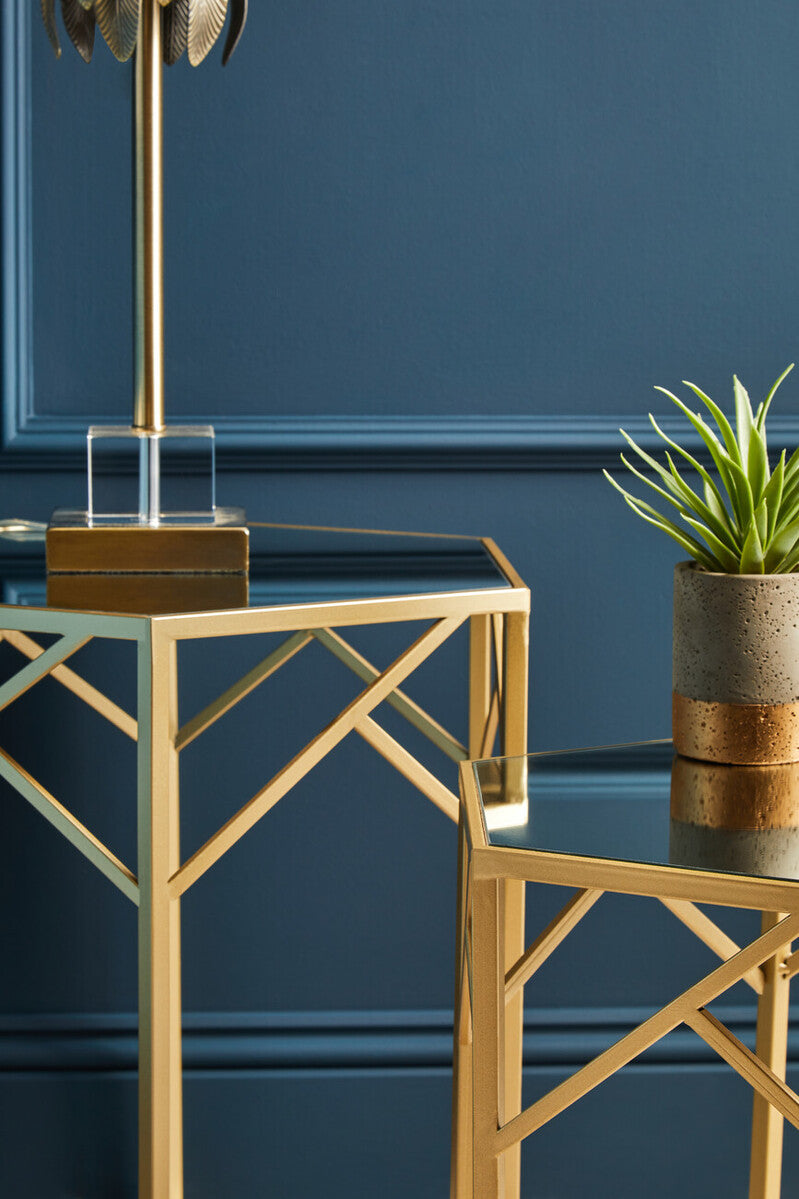 Orsina Avantis Gold Hexagonal Side Tables with Mirrored Glass - Set of 2