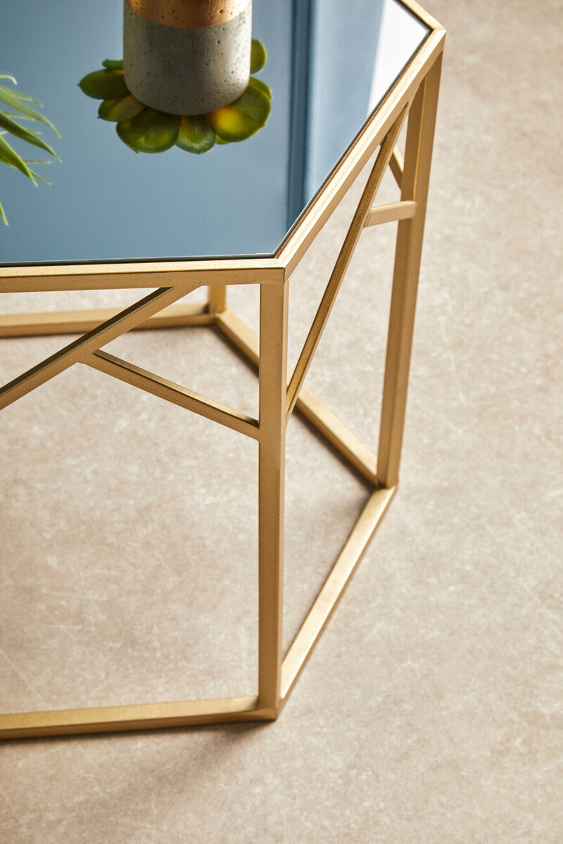 Orsina Avantis Gold Hexagonal Side Tables with Mirrored Glass - Set of 2