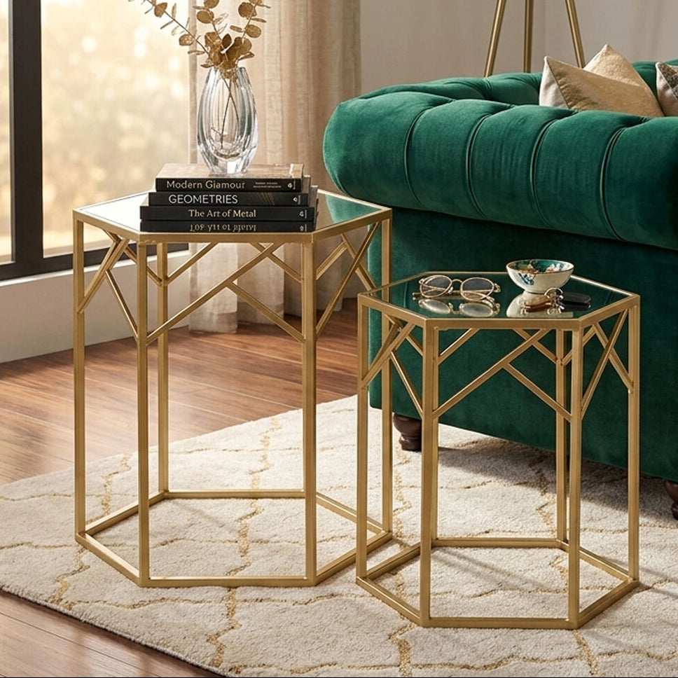 Orsina Avantis Gold Hexagonal Side Tables with Mirrored Glass - Set of 2