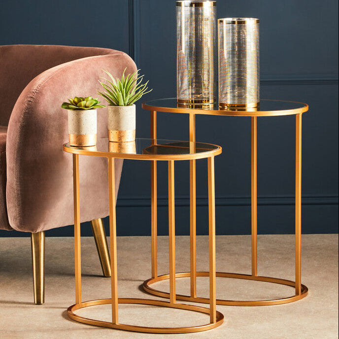 Orsina Avantis Gold Oval Side Tables – Set of 2 Mirrored Glass Tops