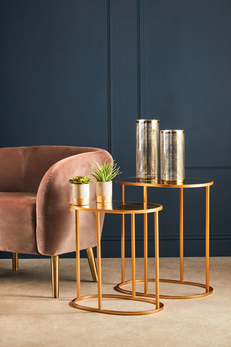 Orsina Avantis Gold Oval Side Tables – Set of 2 Mirrored Glass Tops