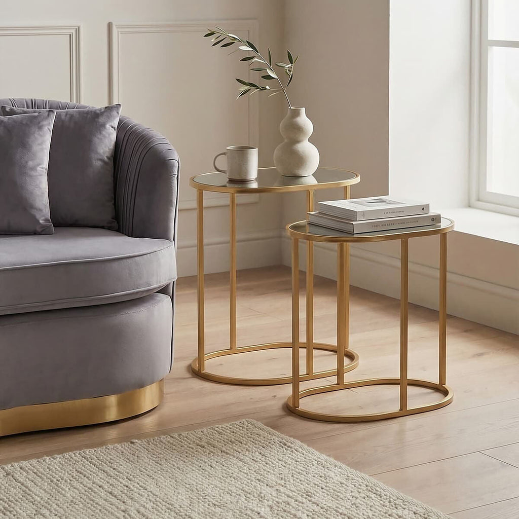 Orsina Avantis Gold Oval Side Tables – Set of 2 Mirrored Glass Tops